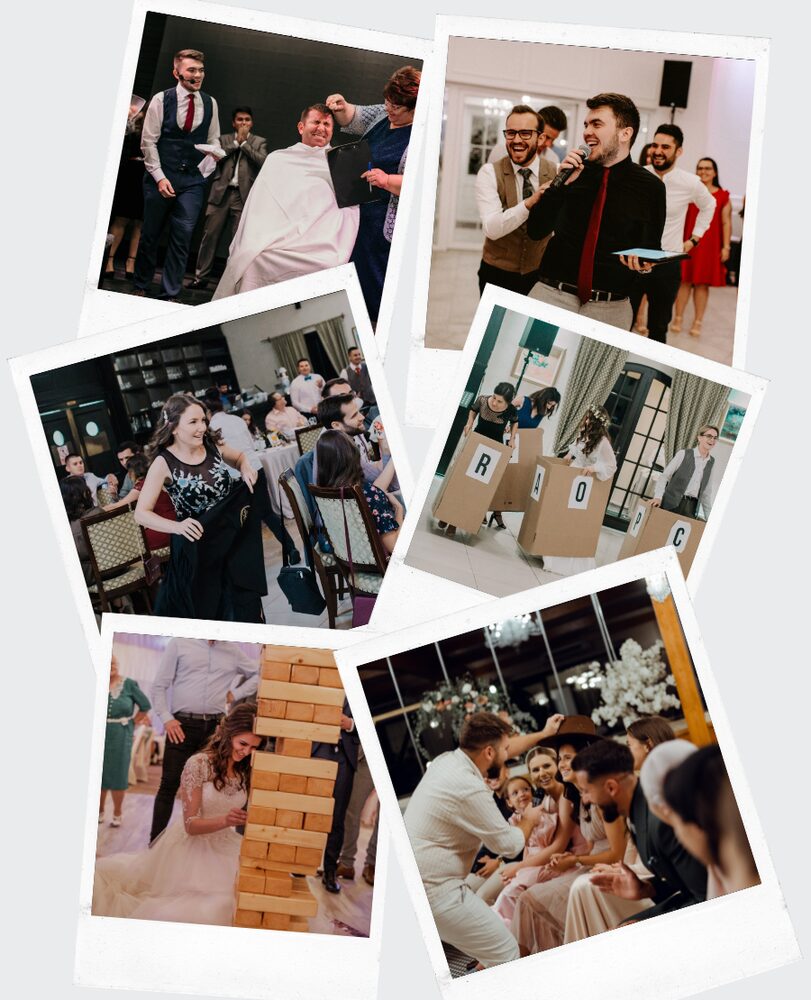 Colaj cu jocuri și activități organizate la nunți de Wedding Masters